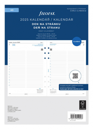 Náhradní vložka do diářů Filofax - kalendář A5 / denní